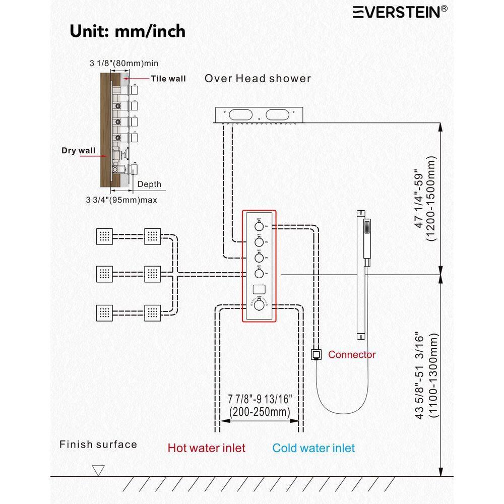 EVERSTEIN 12 in. Dual Rain Shower Heads System, 1.8 GPM Muti Spray Patterns Wall & Celling Mounted Shower Head with Handheld Shower Sparyer, Side Jets & Knob Valve Body, Brushed Nickel