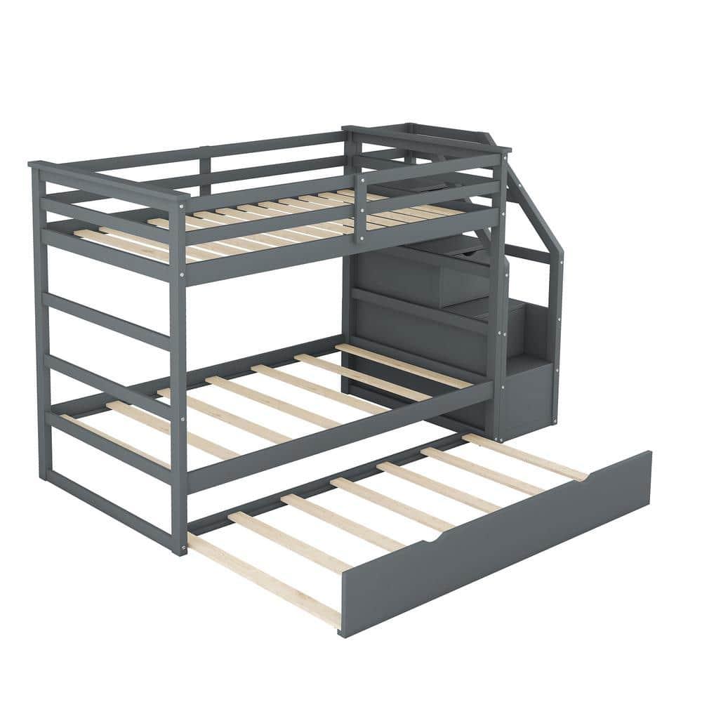 Gray Twin Over Twin Pine Wood Bunk Bed with Trundle and Storage Stairs
