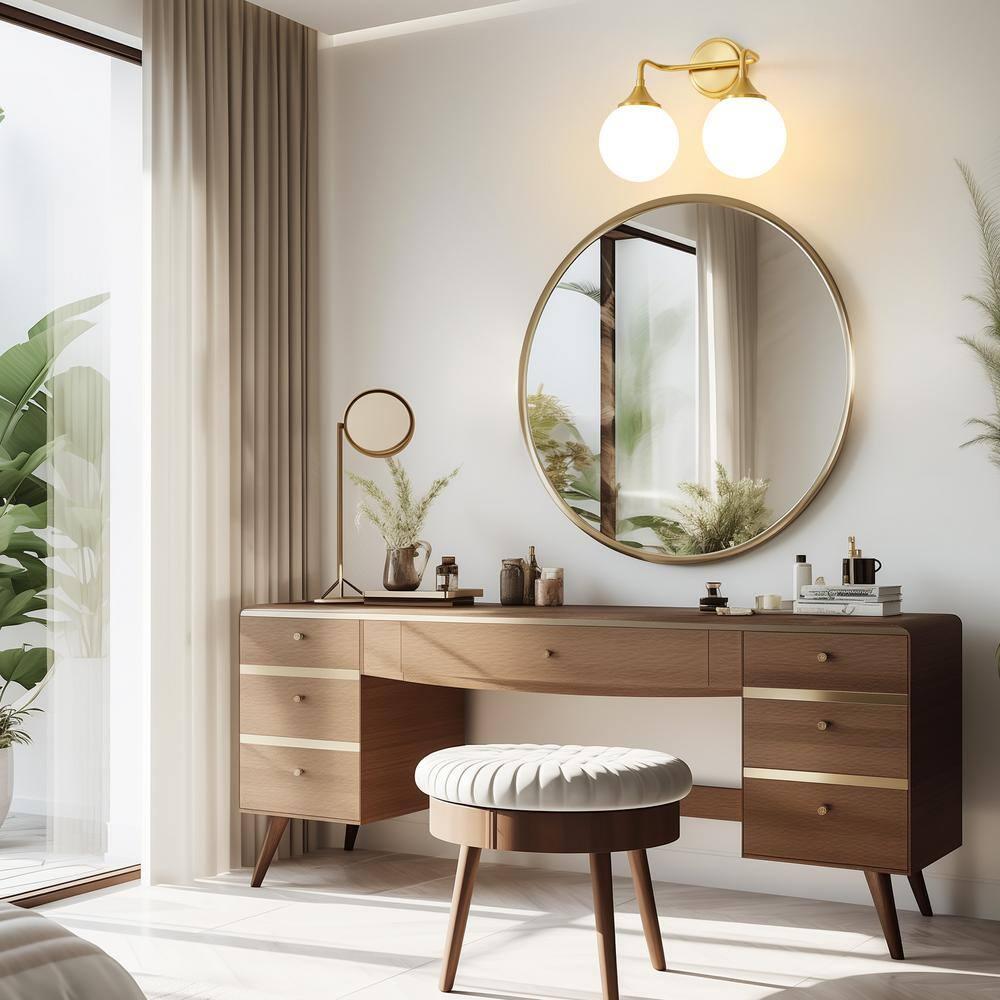 14.17 in. 2-Light Gold Vanity Light with Milk White Glass Shade, Suitable for Bathrooms Dining Room Powder Rooms