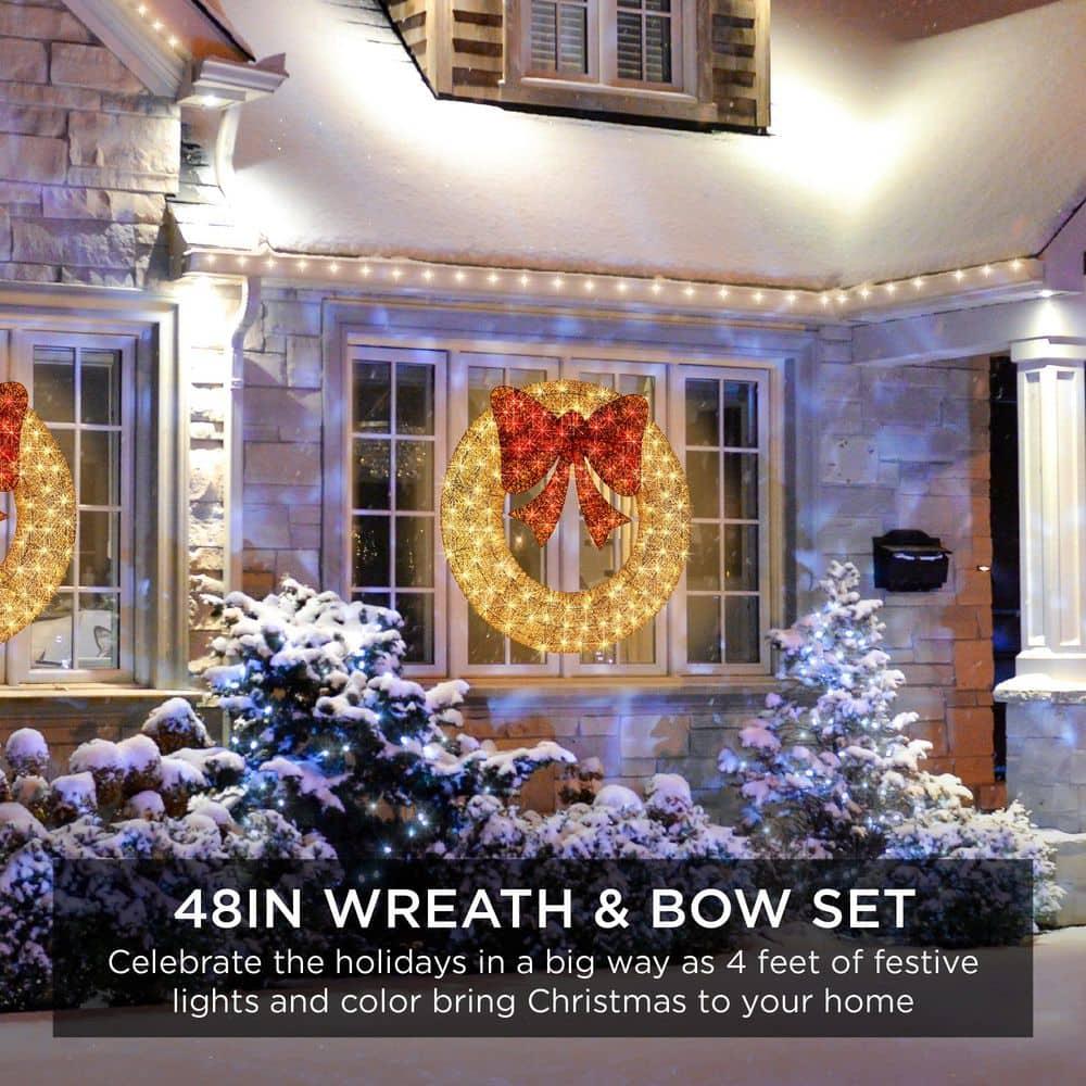 Best Choice Products 48in Pre-Lit Outdoor Christmas Wreath, LED Metal Holiday Decor w/ 140 Lights, Bow - Gold/Red