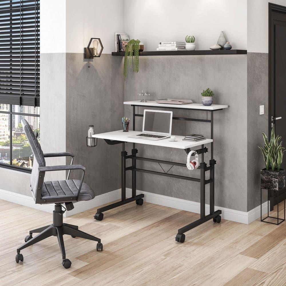 Rolling Writing Desk with Height Adjustable Desktop and Moveable Shelf White - Techni Mobili: Locking Casters, Open Storage