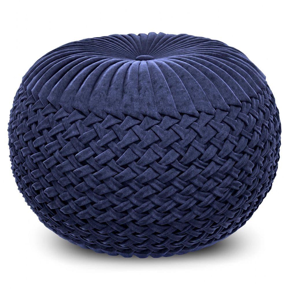 Simpli Home Grafton Transitional Round Pouf in Dark Blue Velvet Fabric