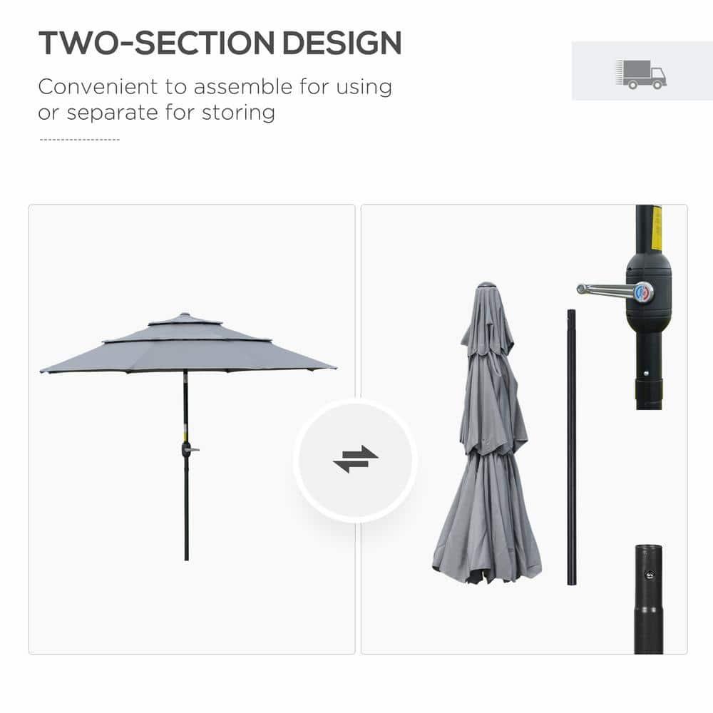 Outsunny 9' 3-Tier Patio Umbrella, Outdoor Market Umbrella with Crank and Push Button Tilt for Deck, Backyard and Lawn, Dark Gray