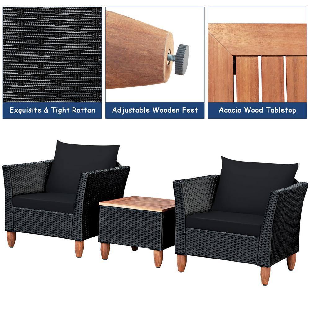 Costway 3PCS Outdoor Patio Rattan Furniture Set Wooden Table Top Cushioned Sofa Black