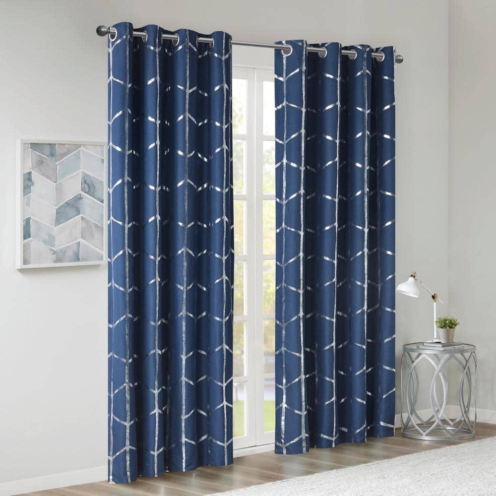 63"x50" Arielle Total Blackout Metallic Printed Curtain Panel Navy: Intelligent Design, Geometric Grommet Top, Energy Efficient