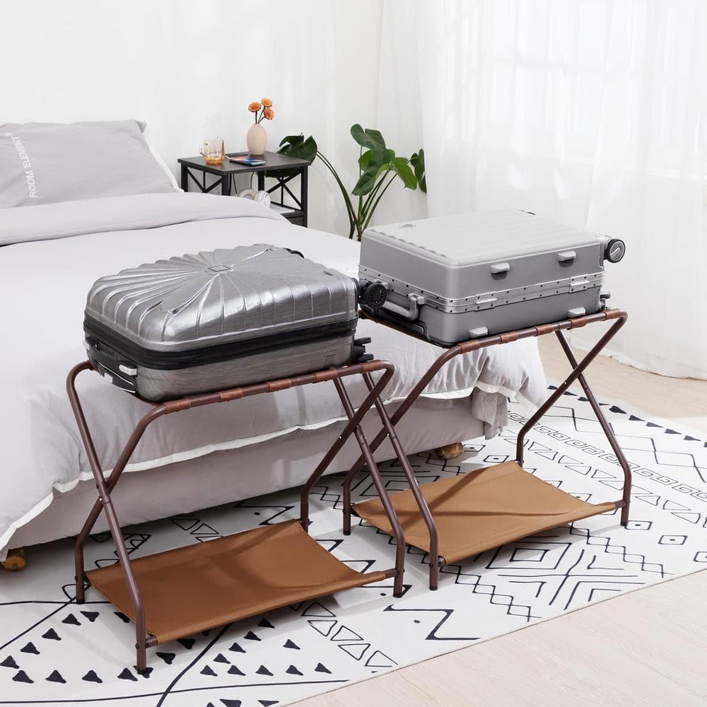 MEBROT Set Of 2, Foldable Suitcase Stands For Guest Room, Metal Luggage Holder With Storage Shelf For Bedroom, Hotel, Easy Assemble