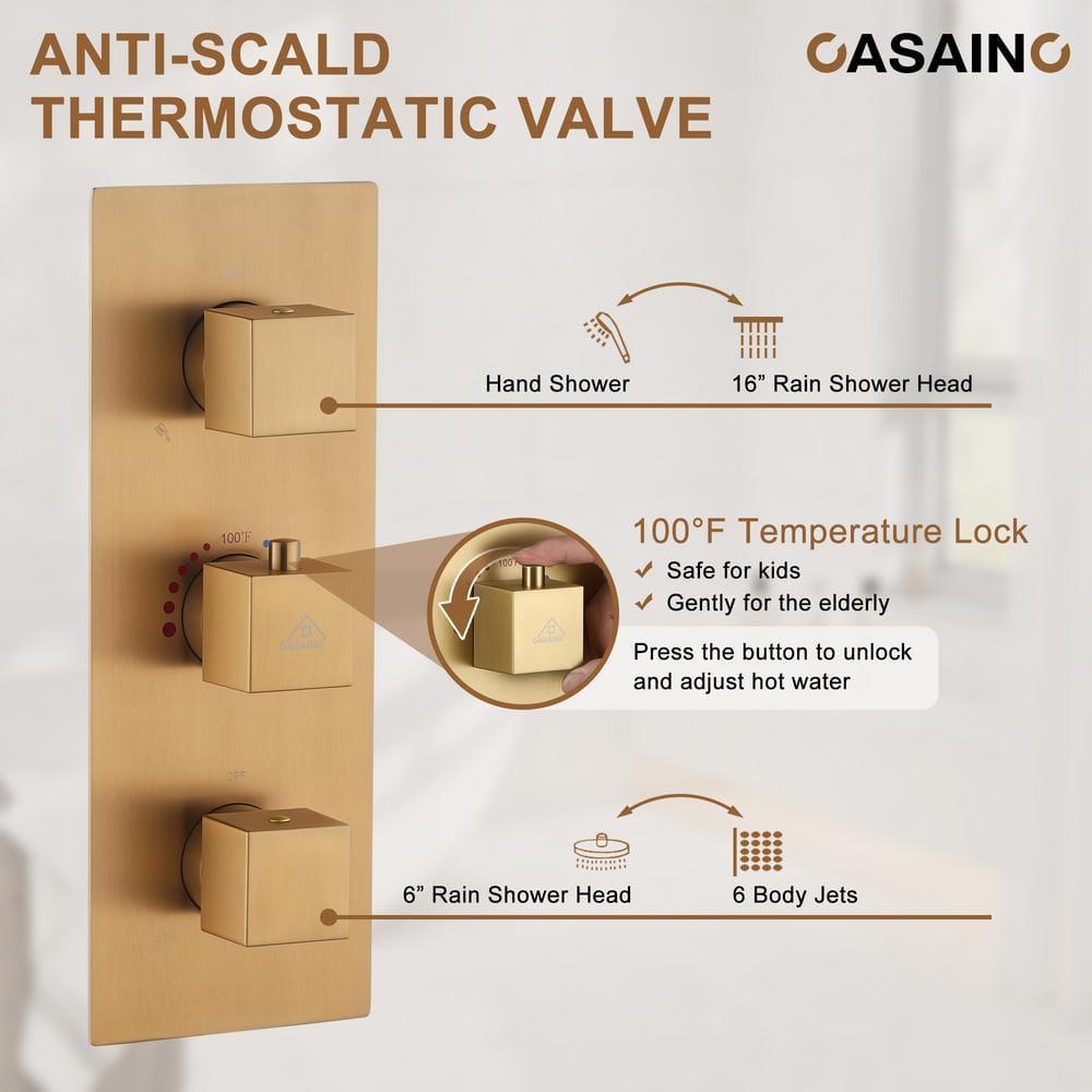 CASAINC Rainfall Symphony 16inch Dual Shower Head Rainfall Thermostatic Shower System with 16-inch Slide Bar and Body spray KCHS0019-16BG