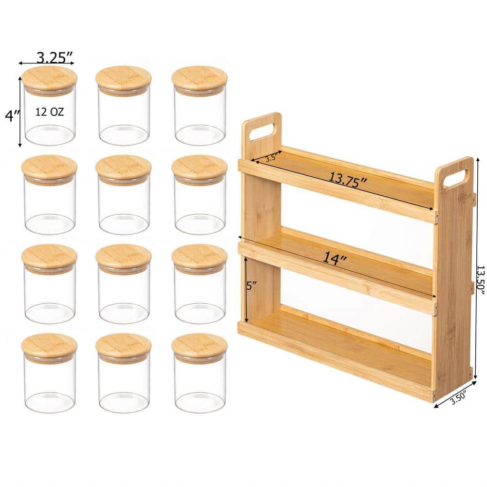 Basicwise 3-Tier Bamboo Spice Rack & Pantry Organizer with 12 Glass Jars.Perfect for Storage in Kitchens to Keep Seasoning Containers Neatly Displayed