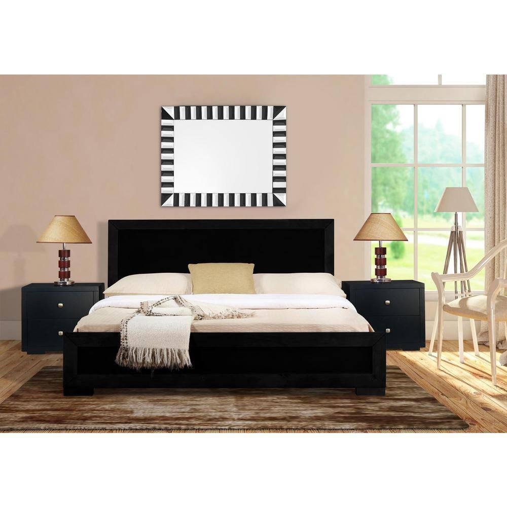 Camden Isle Trent Platform Bedroom Set | Paneled Headboard and Footboard | Queen, Black + 2 Nightstands
