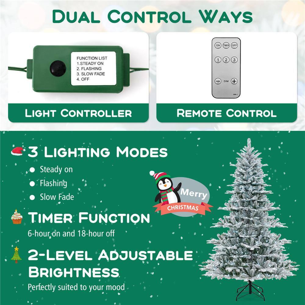 Costway 7Ft Premium Hinged Snow Flocked Slim Artificial Christmas Fir Tree w/ Pine Cones