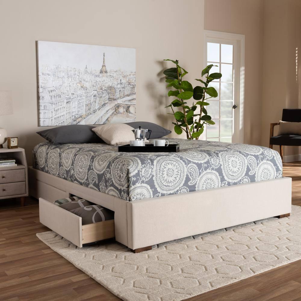 King Leni Bed Frame Beige - Baxton Studio: Storage Drawers, Polyester Upholstery, No Box Spring Required
