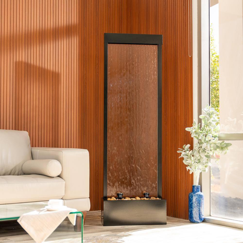 XBrand 68" H Freestanding Modern Indoor/Outdoor Waterfall Fountain w/ Decorative Rocks, LED Lights & Auto-Shut Off Pump, Aluminum/Clear Glass, Black