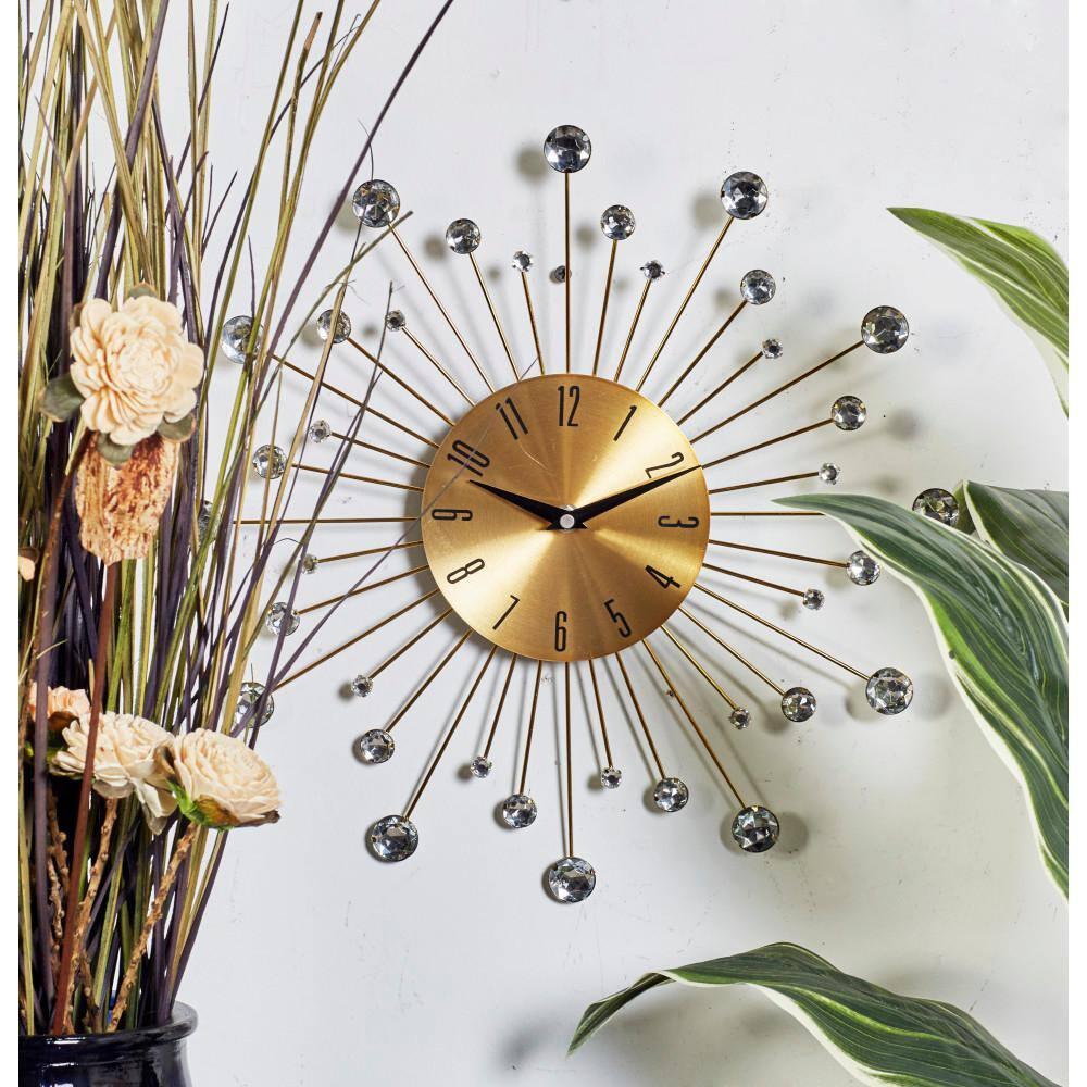 DecMode Gold Metal Glam Wall Clock, 15”L x 0.5”W x 15”H, Features Starburst Design
