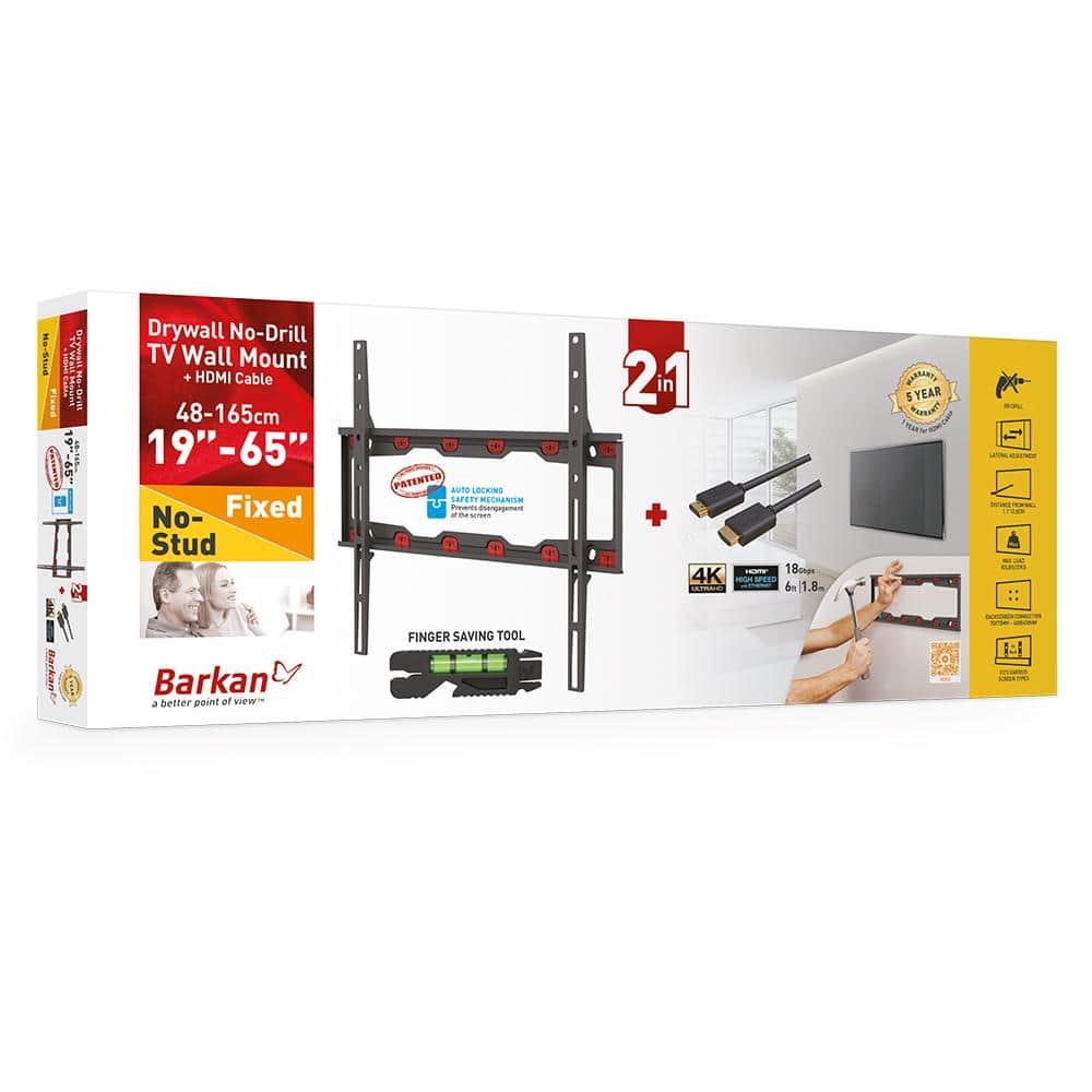Barkan TV Wall Mount, 19 - 65 inch Fixed, Drywall No Stud No Drill Screen Bracket, Holds up to 82lbs, Auto Lock Patented, Fits LED OLED LCD, 6 ft 4K HDMI Cable Included