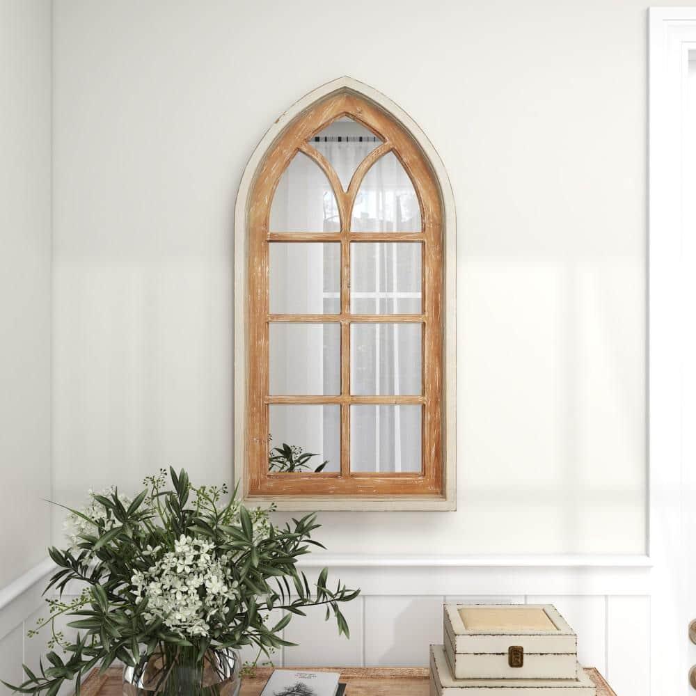 DecMode 26" x 35" Brown Arched Distressed Window Pane Wall Mirror