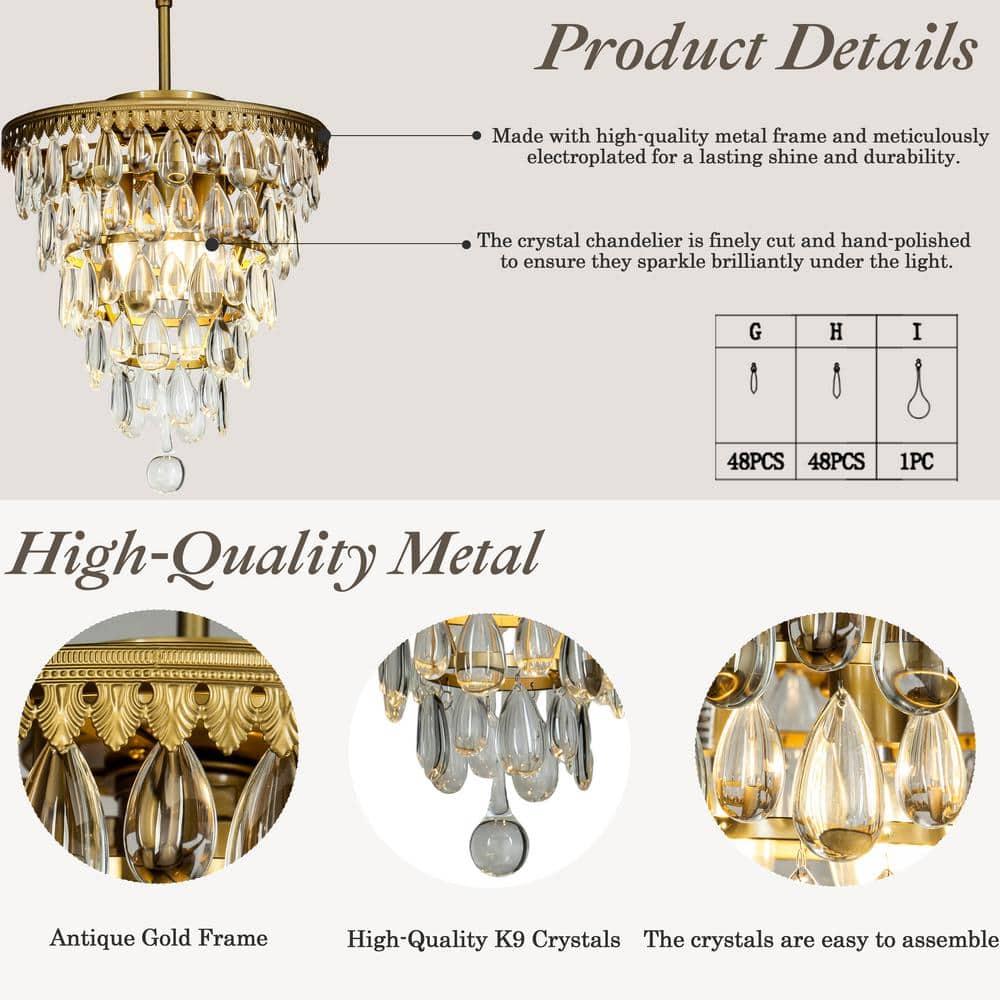 3-Lights Glass Tear Drops Chandelier Painted Brass Pendant Ceiling Lighting