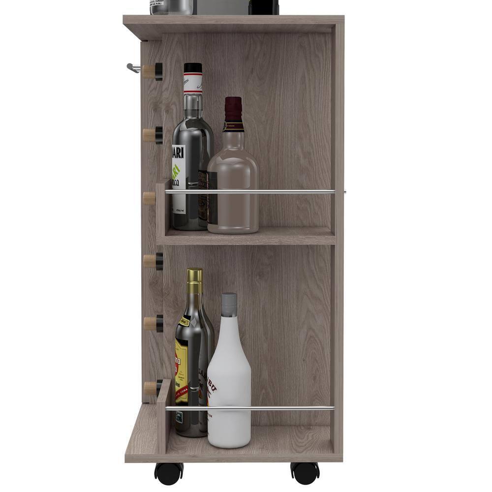 Magda Bar Cart with Four Casters, Six Built-in Wine Rack, Single Door Cabinet, and Two External Shelves, 32.32" H, Light Gray, Living Room