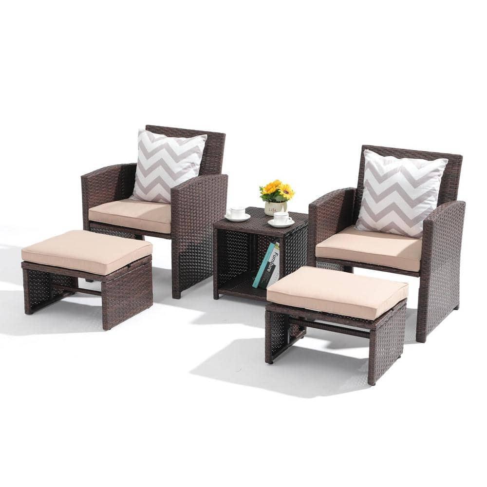 5-Piece Patio Conversation Set Balcony Furniture Set with Beige Cushions, Brown Wicker Chair with Ottoman, Storage Table for Backyard, Garden, Porch