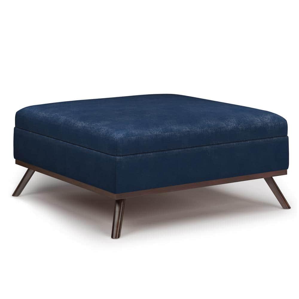 Simpli Home Owen 36"W Upholstered Square Coffee Table Storage Ottoman with Lift Top and Solid Wood Legs