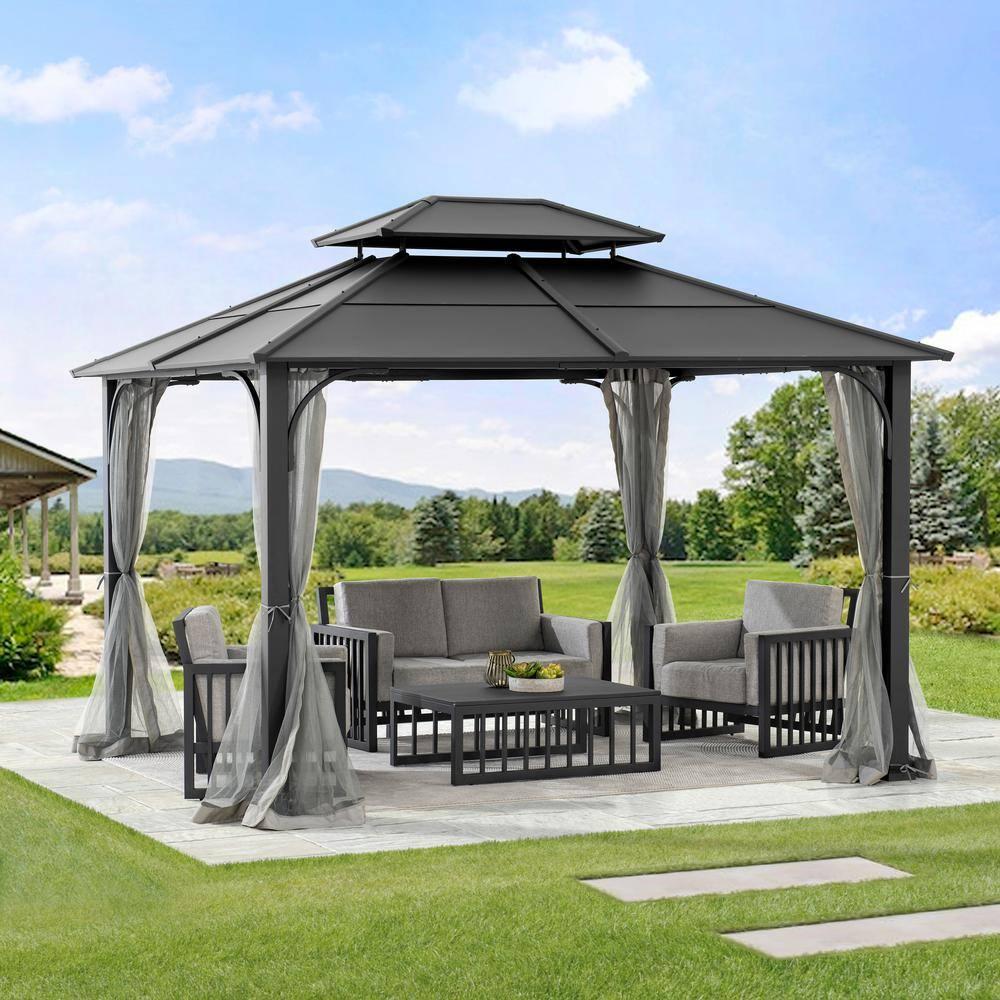 Sunjoy Sunjoy Hardtop Gazebo 10 x 12 ft. Outdoor Gazebo, Heavy Duty Steel Frame Gazebo, Double Roof Metal Gazebo with Ceiling Hook and Removable Netting Sidewalls