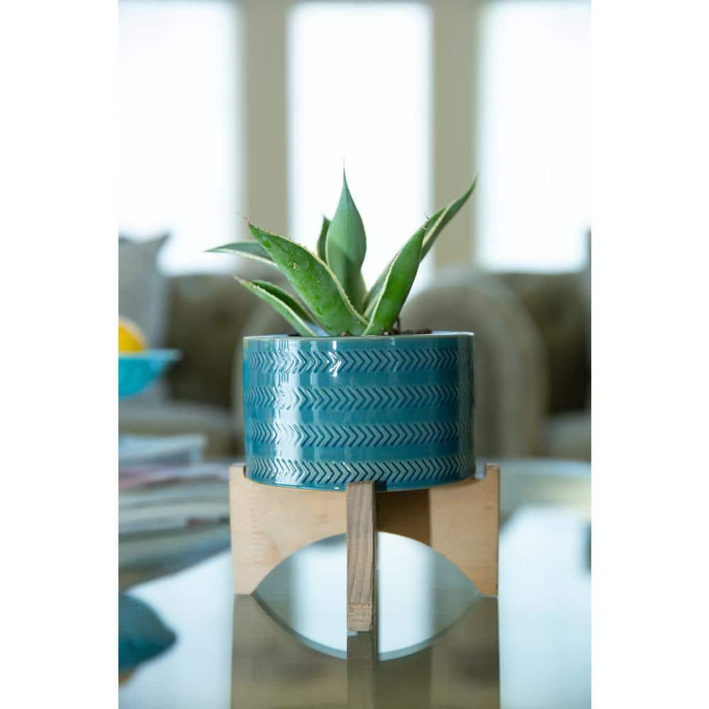5' Arrow Ceramic Planter on Wood Stand,Glass Teal