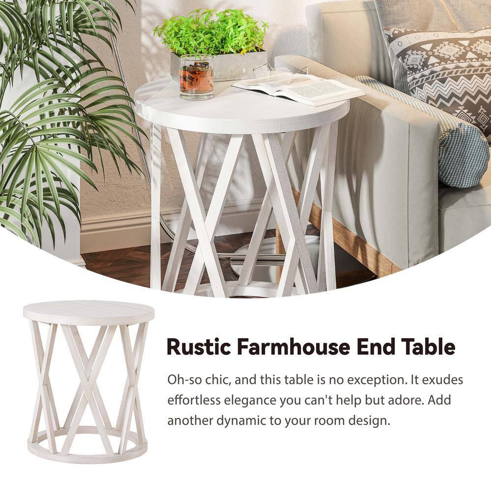 COZAYH Farmhouse End Table, Rustic Round Side Table with X-Motifs Legs, Wood Textured Top, for Boho, French Country Decor, Antique White