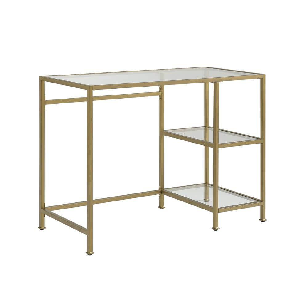 Aimee Desk Gold - Crosley: Sleek Steel Frame, Tempered Glass Top, Open Storage Shelf