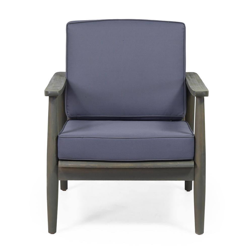 Greta Acacia Wood Outdoor Club Chair with Dark Gray Cushion, Set of 2, Black