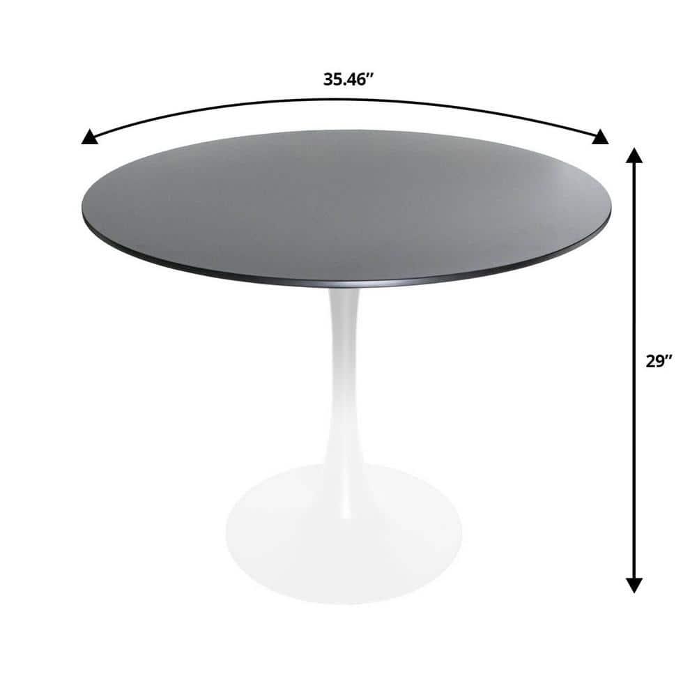 LeisureMod 5-Piece Dining Set with 35" Round Dining Table in White Iron Pedestal Base and 4 ABS Plastic Side Chair with Gold Base, Transparent Black