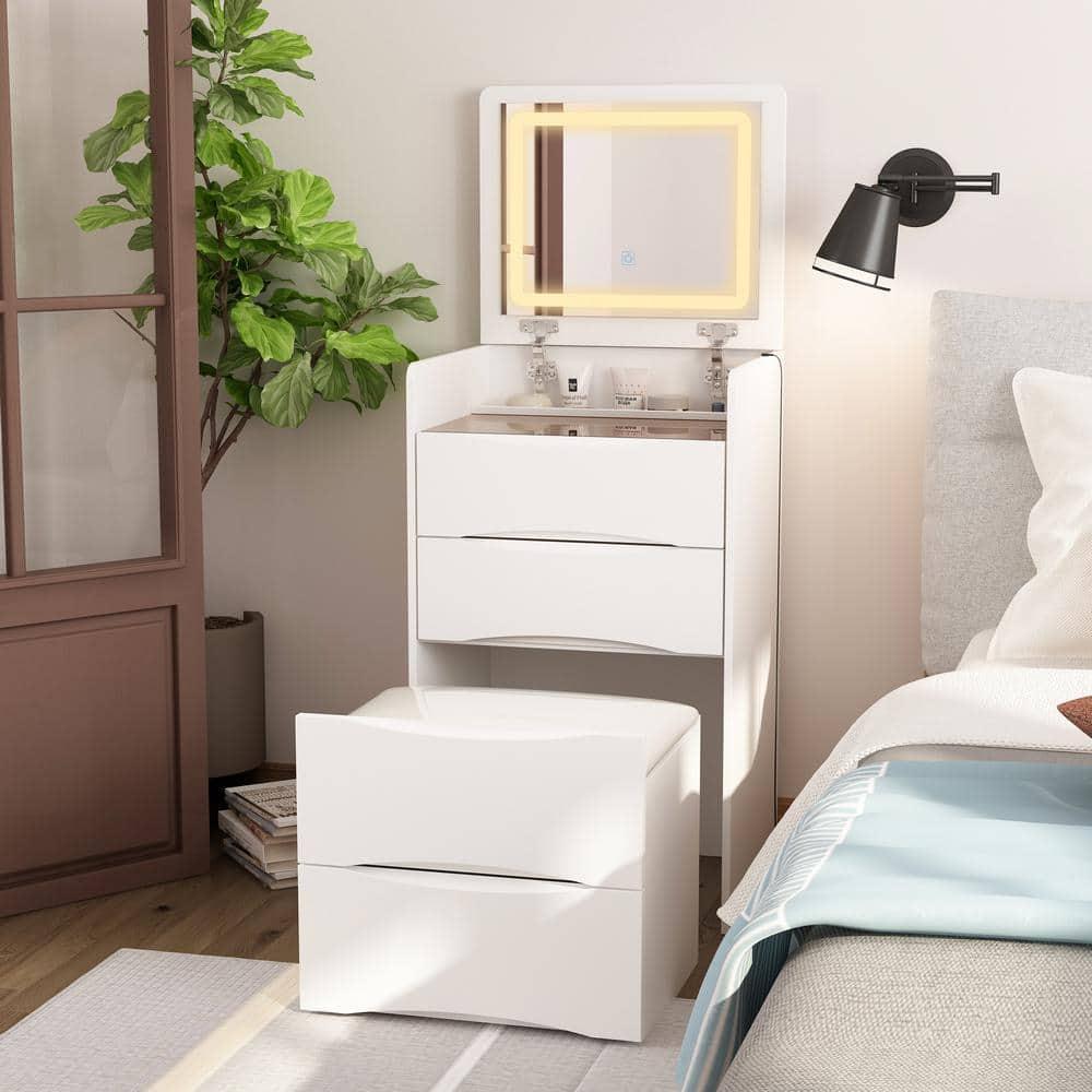 Joqixon Vanity Desk with Flip Top Mirror and Lights, Makeup Vanity Set with Glass Shelf, Space Saving Dressing Table with 3 Drawers & Cushion Stool for Bedroom, White