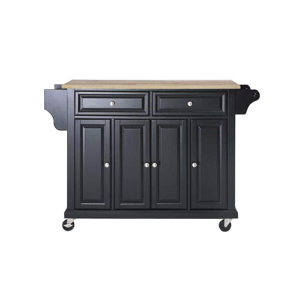 Full Size Wood Top Kitchen Cart Black - Crosley: Mobile Storage, 3 Cabinets, Spice Rack