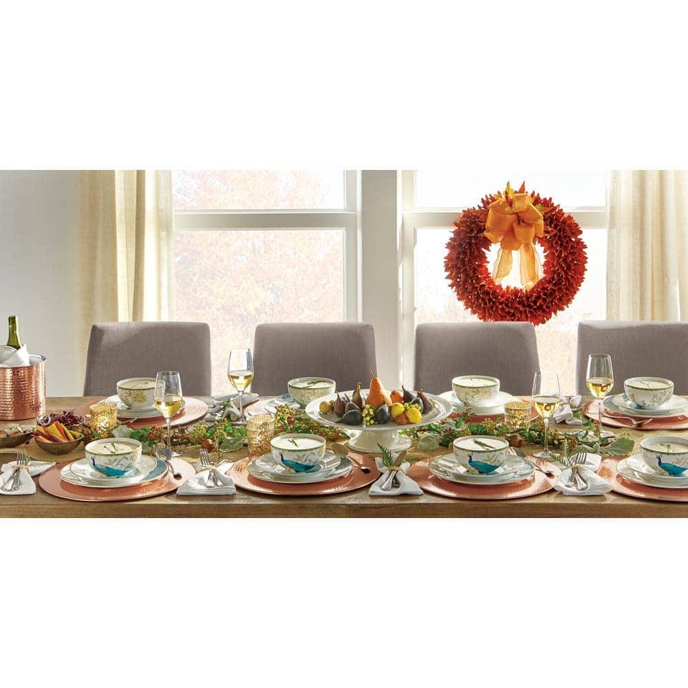 222 Fifth Peacock Garden Porcelain 16pc Dinnerware Set White: Round Dish Set, Service for 4, Bird Pattern, Dishwasher-Safe