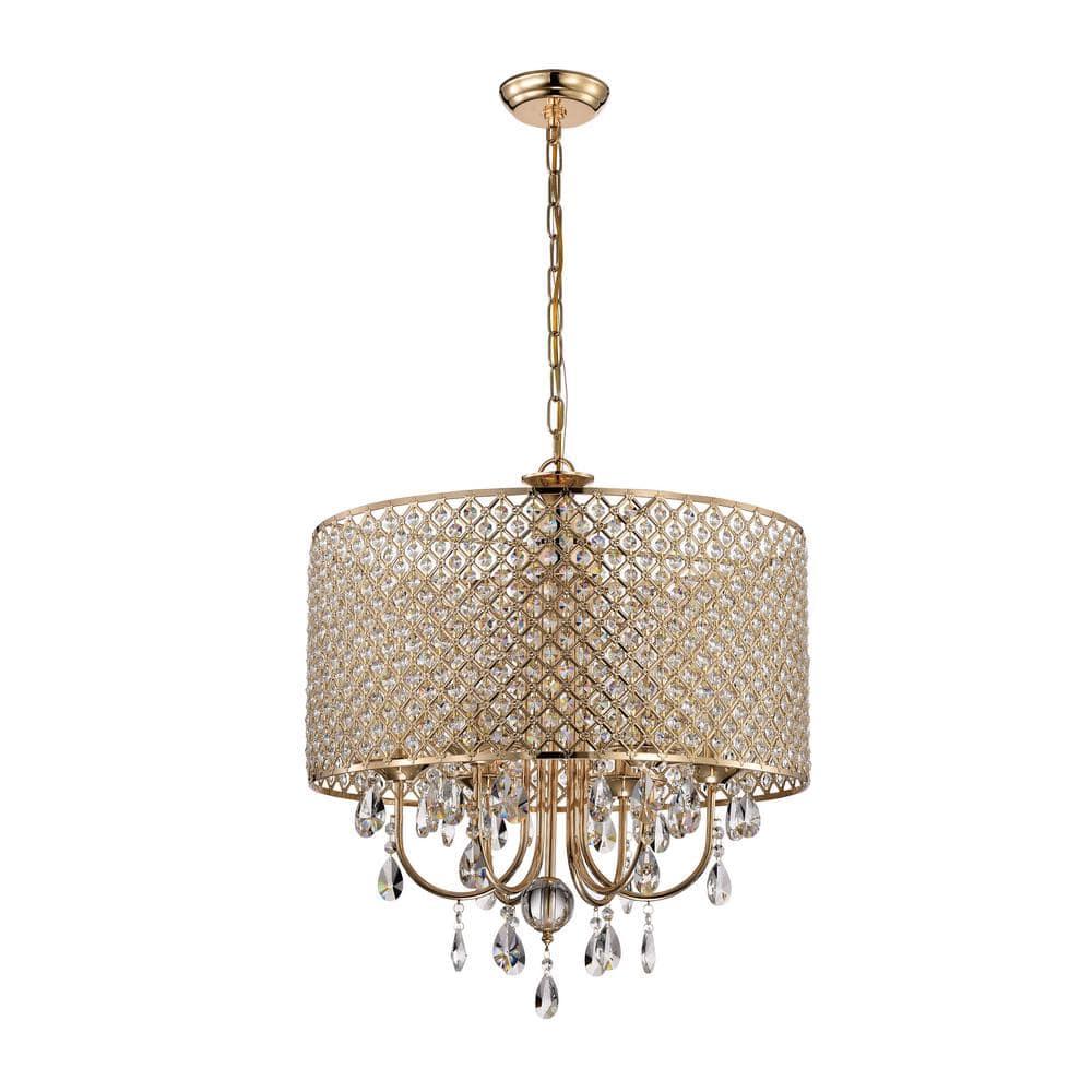 EDVIVI LIGHTING Round Beaded Drum Chandelier with Hanging Crystals Gold 6 22" Gold