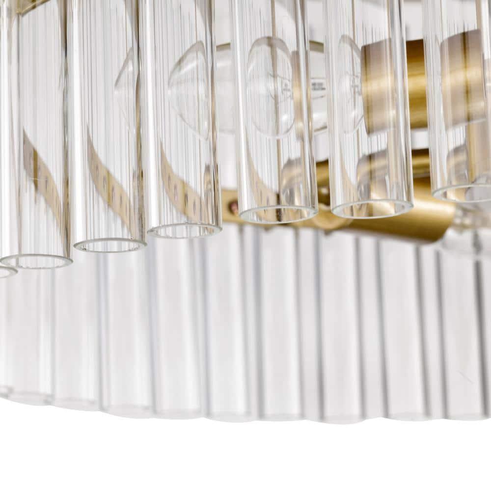 Luxury Round Antique Brass Metal with Tube Crystal 18 Inch Semi Flush Mount, Unique Elegant Ceiling Light, Hand-polished Close to Ceiling Light, Flush Mount Light for Living Room, Dining Room, Bedroo