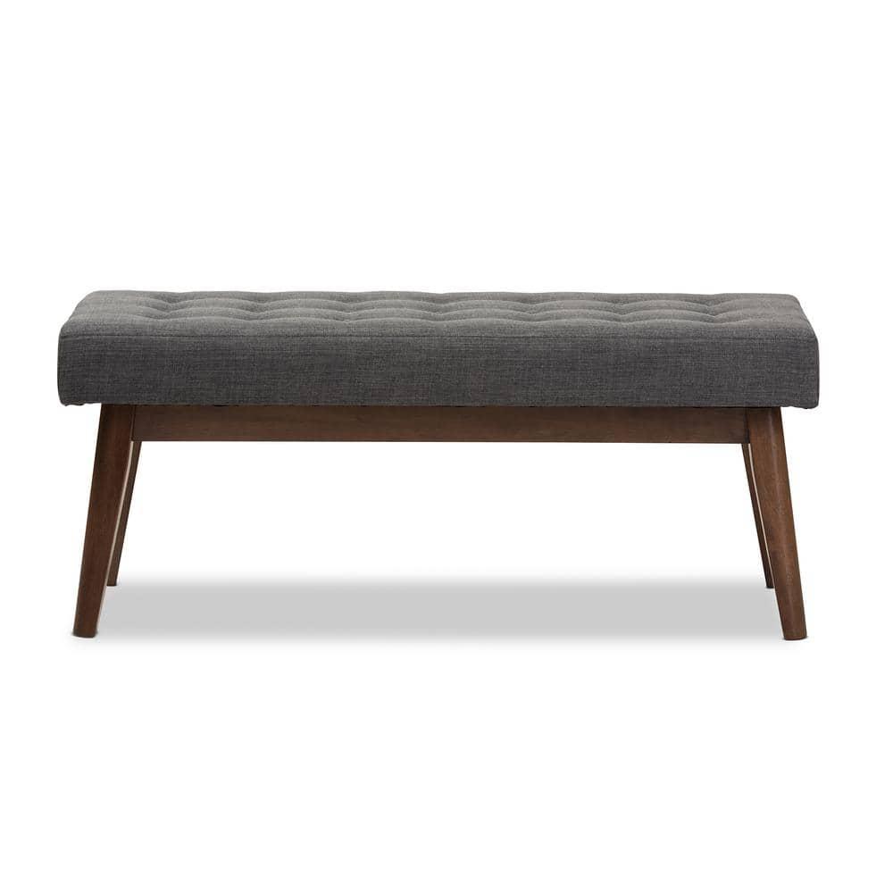 Baxton Studio Elia Mid Century Modern Walnut Wood Fabric Button Tufted Bench Dark Gray: Rubberwood Frame, Polyester Upholstery, 400lb Capacity