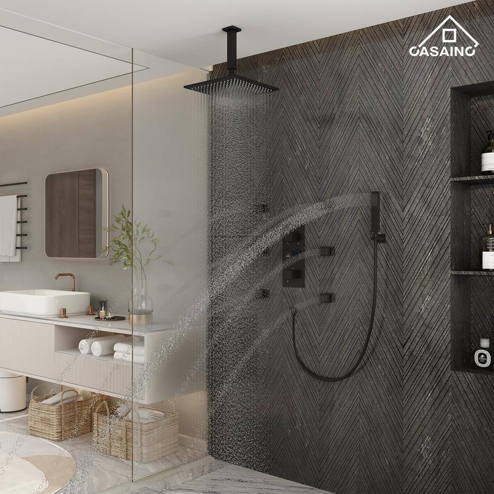 3-Function Luxury Ceiling Mount 12 Inch LED Thermostatic Shower System with 6 Body Jets