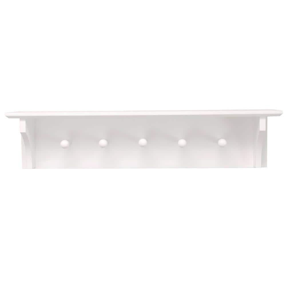 White MDF Floating Wall Shelf with 5 Pegs
