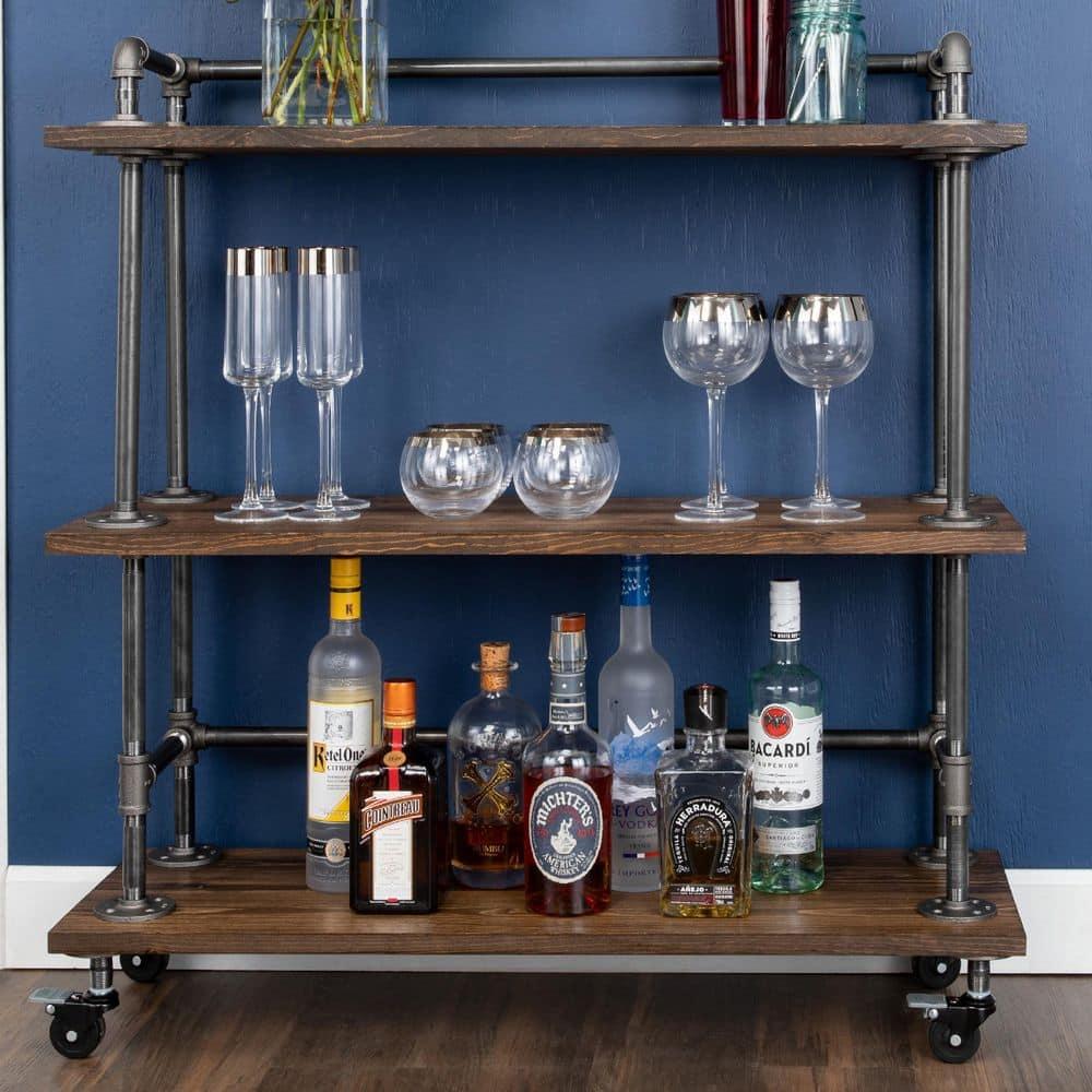 PIPE DECOR Restore by  Industrial 3 Tier Solid Wood & Steel Pipe Bar Cart with Wheels Trail Brown