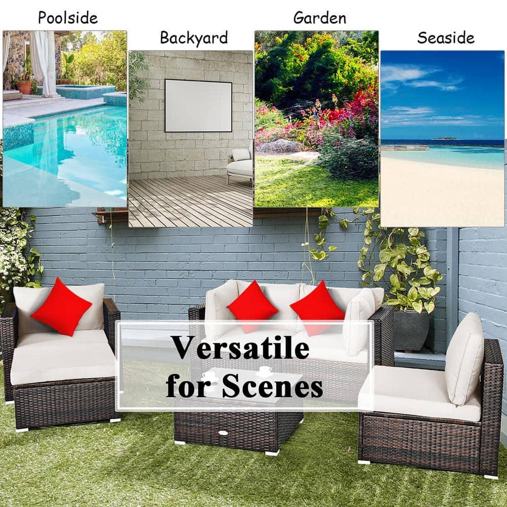 Patiojoy 6PCS Rattan Patio Furniture Set Cushioned Sofa Chair Ottoman White