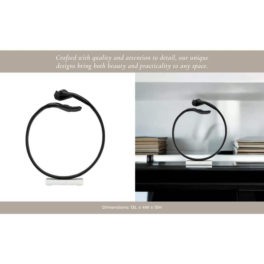 Metal, 15" Hand Ring On Base Sculpt , Black/White, Round, 15"H, Solid Color - 13" x 4" x 15"