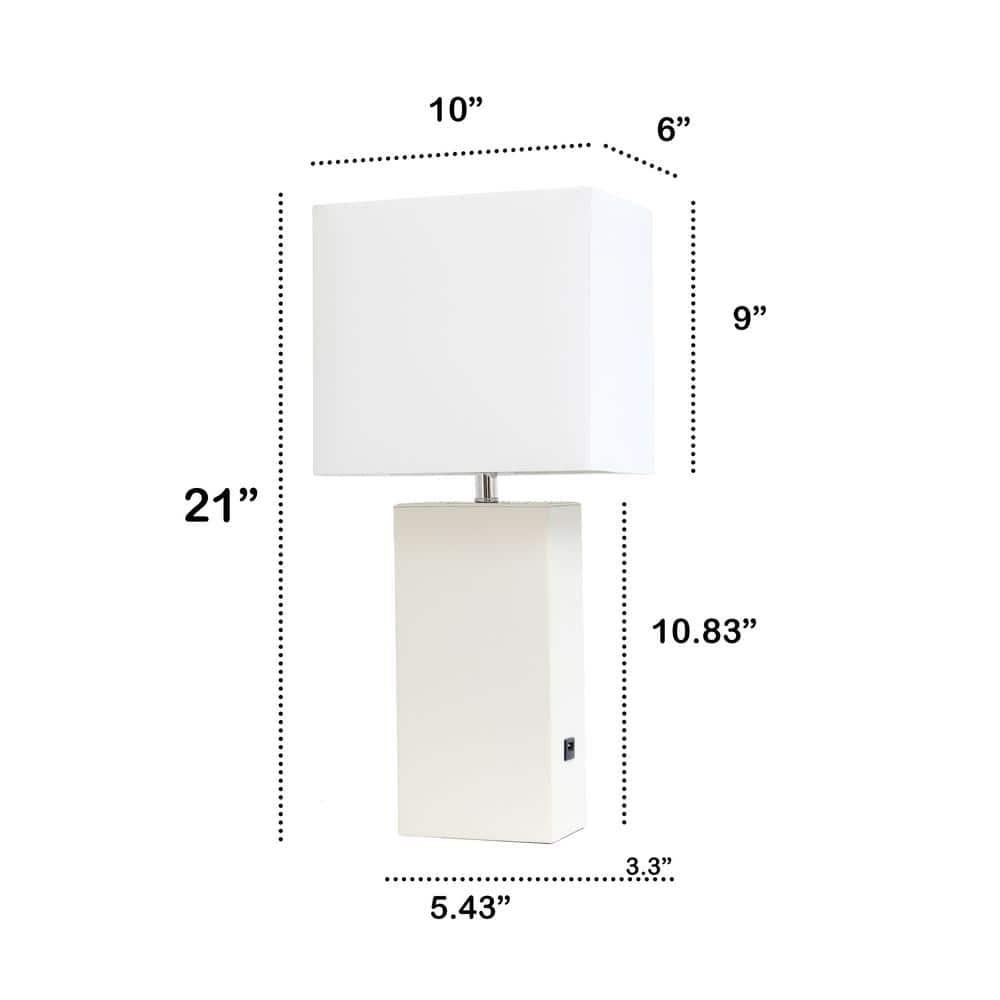 Lalia Home 21" Lexington Leather Base Modern Home Decor Bedside Table Lamp with USB Charging Port White : Fabric Shade