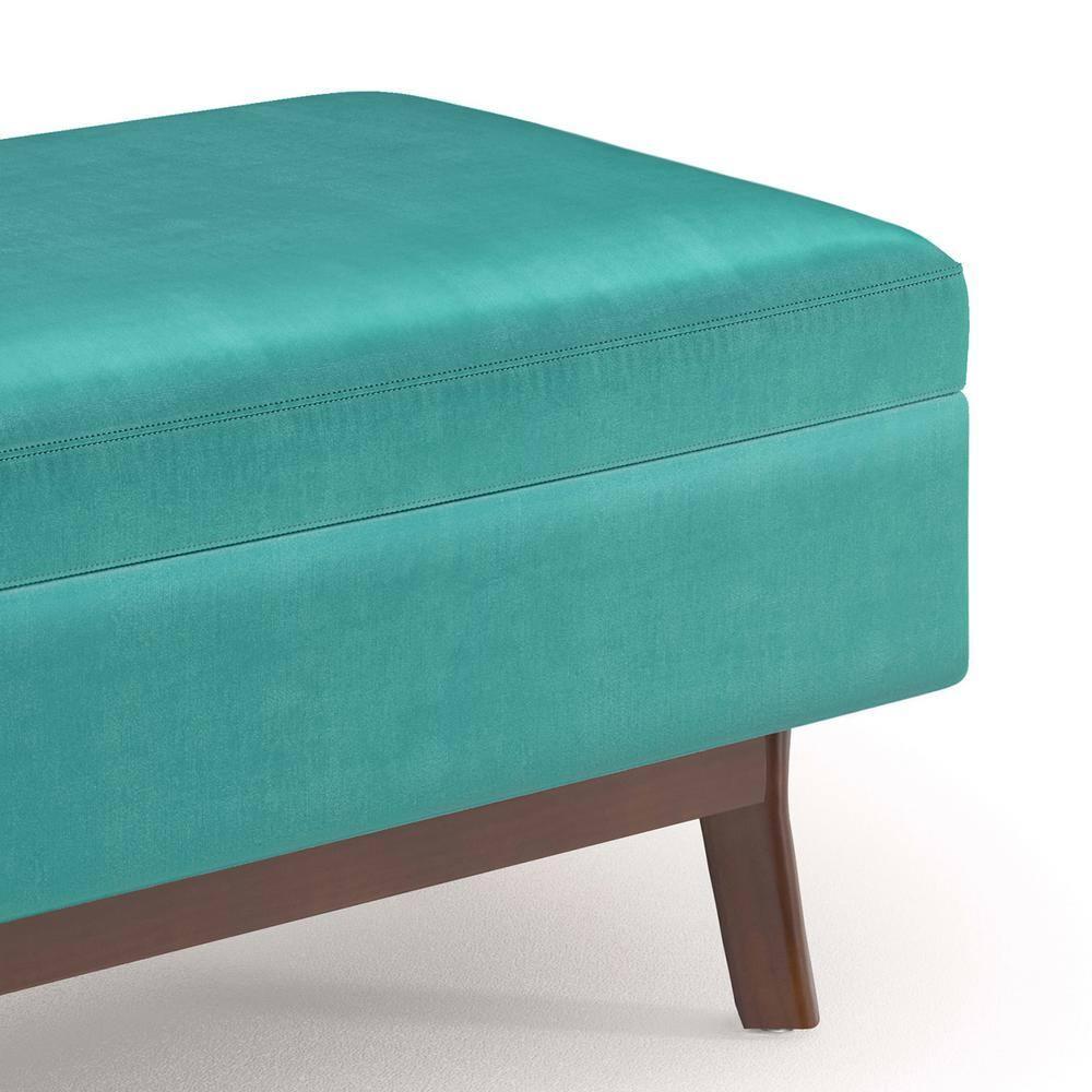 Simpli Home Owen 36 inch Wide Mid Century Modern Rectangle Small Rectangular Storage Ottoman in Aqua Blue Velvet Fabric
