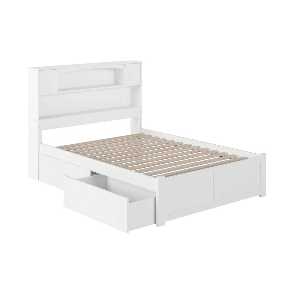 Newport Full White Wood Bookcase Bed with Storage Drawers