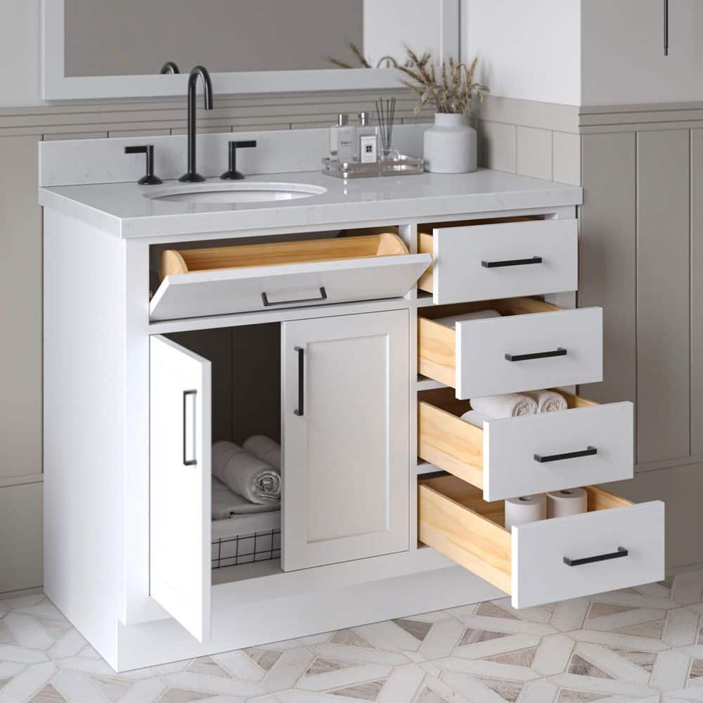 Hokku Designs Thornaby 42'' Solid Wood Single Bathroom Vanity with 1.5'' Carrara Quartz Top, Left Offset Oval Sink