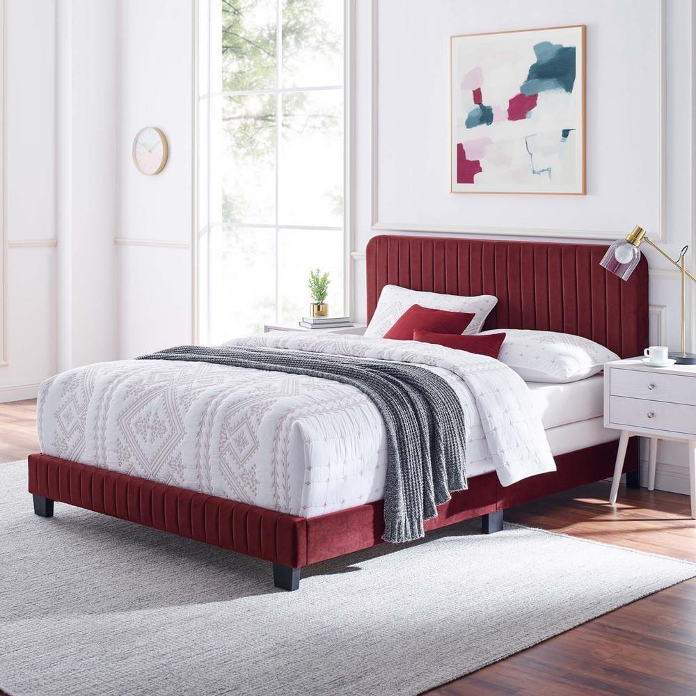 Modway Celine Channel Tufted Performance Velvet Twin Bed in Maroon Red