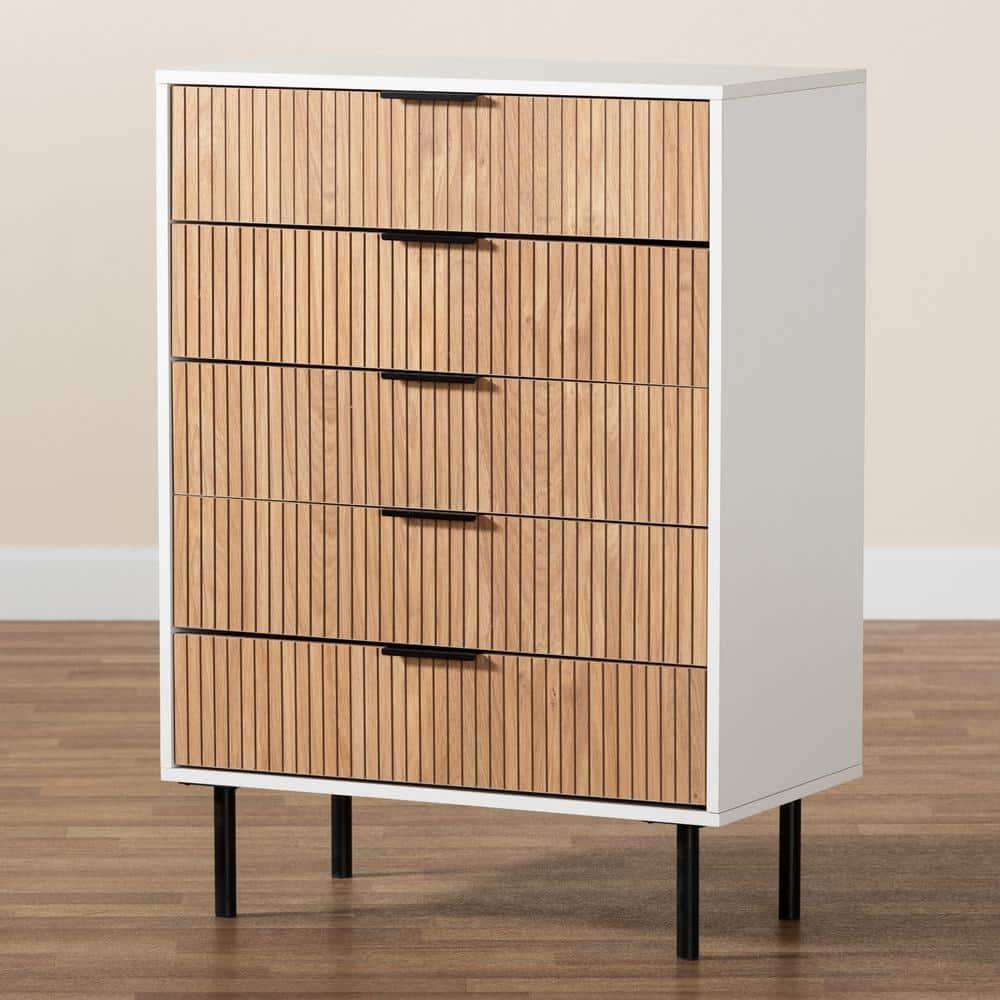Baxton Studio Karima Mid-Century Modern Two-Tone White and Natural Brown Finished Wood and Black Metal 5-Drawer Storage Cabinet