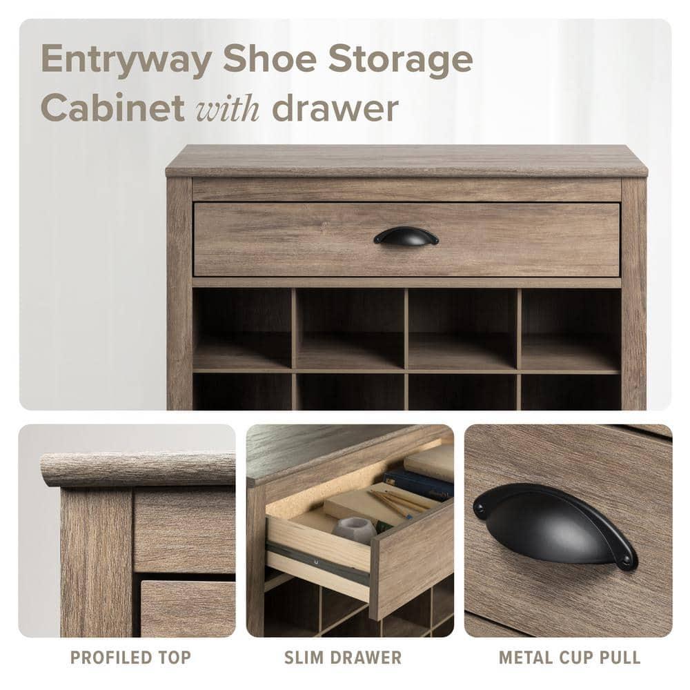 35 in. H x 31.5 in. W 16-Pair Composite Shoe Storage Cabinet with Slim Top Drawer for Entryways, Drifted Gray