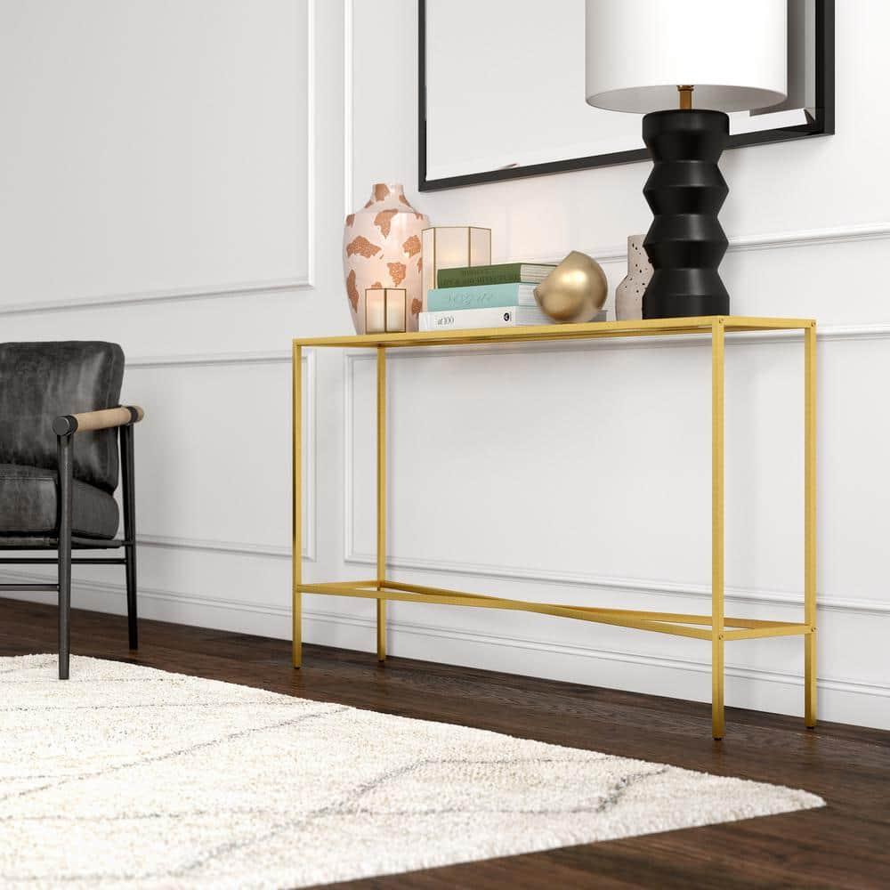 Evelyn&Zoe Henley 55" Wide Rectangular Console Table with Glass Top, Brass