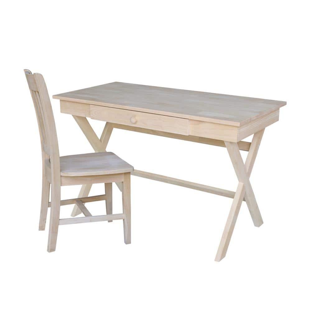 Cross Leg Desk Unfinished - International Concepts: Rubberwood Writing Desk with Drawer, Hardwood Frame