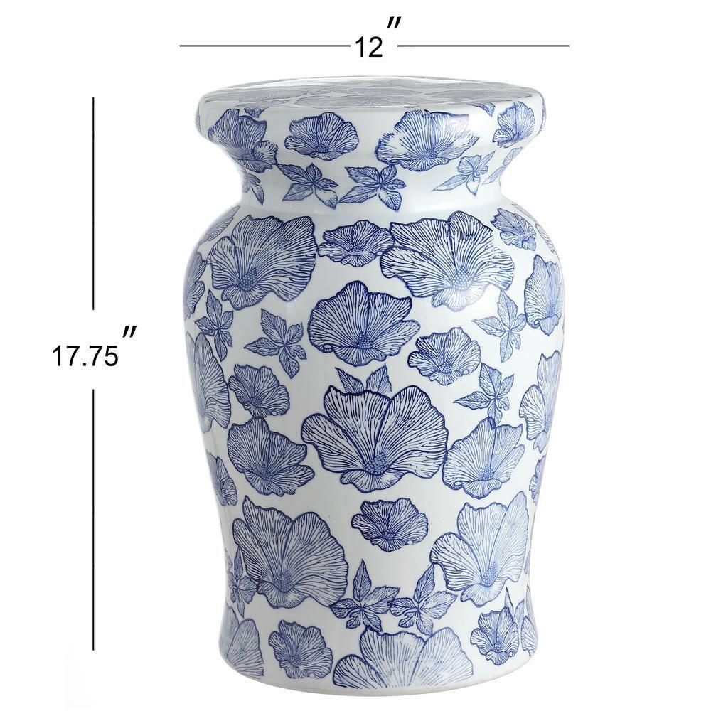 JONATHAN Y Poppies 17.7" Ceramic Garden Stool, White/Blue